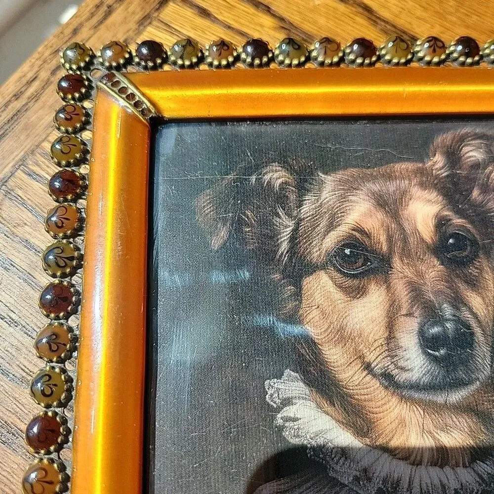 Vtg enamel & faux gemstone picture frame copper 4x6 photo Royal Dog art print
